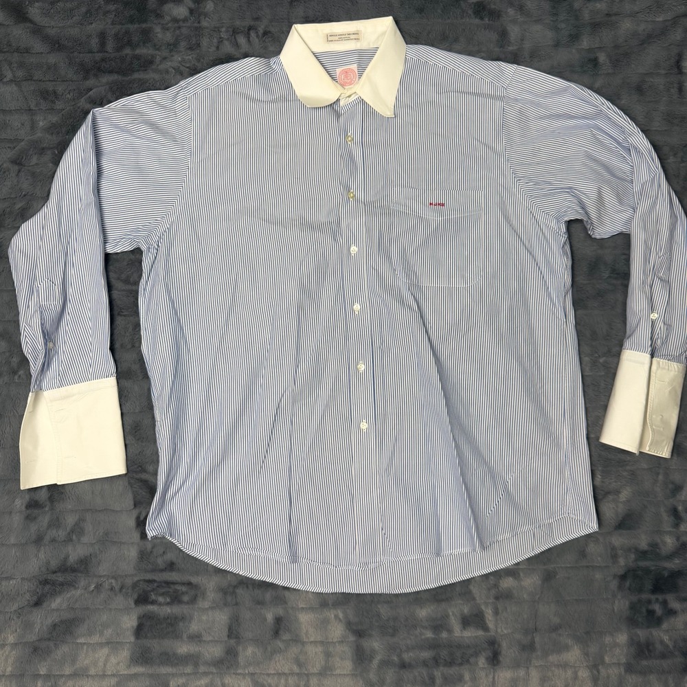 J. Press Dress Shirt Mens 17-34 Blue White Striped Contrast Collar French Cuff